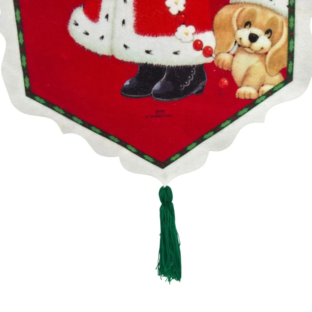 Vintage 80s Morehead Inc Santa Mrs Claus Puppy Felt Banner Wall Hanging 21x12